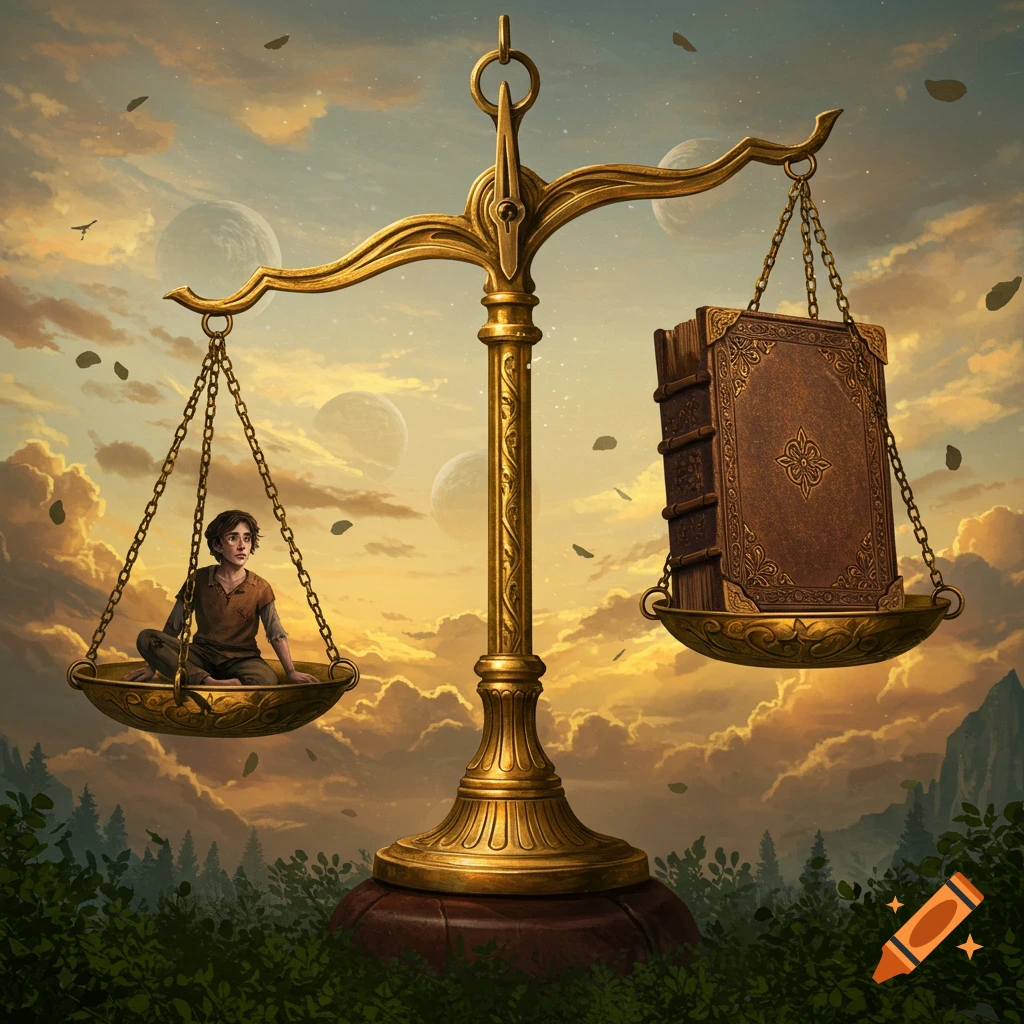 A golden scale weighs a person against a large book in a fantasy landscape with moons and floating islands.