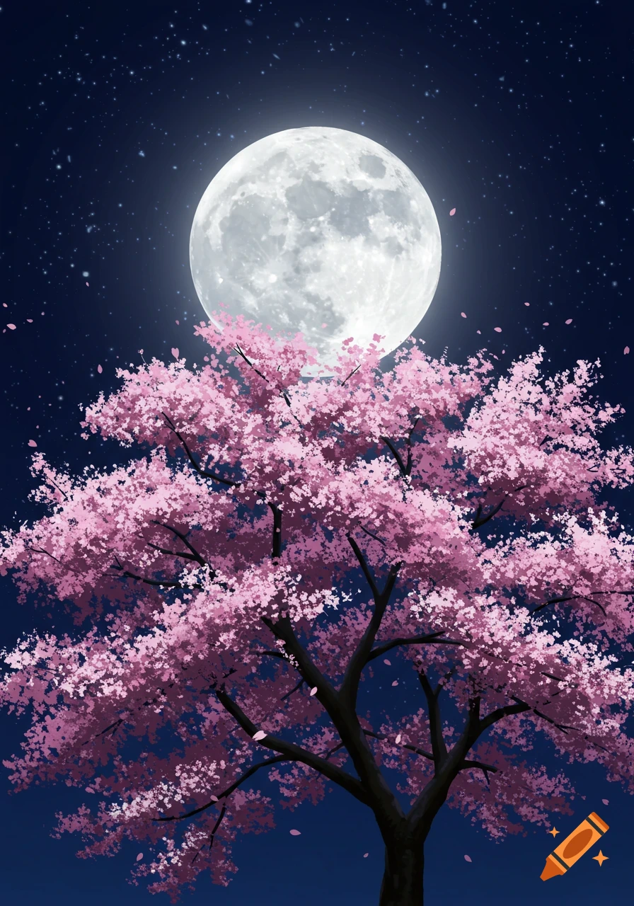 A cherry blossom tree against a night sky with a full moon and falling petals