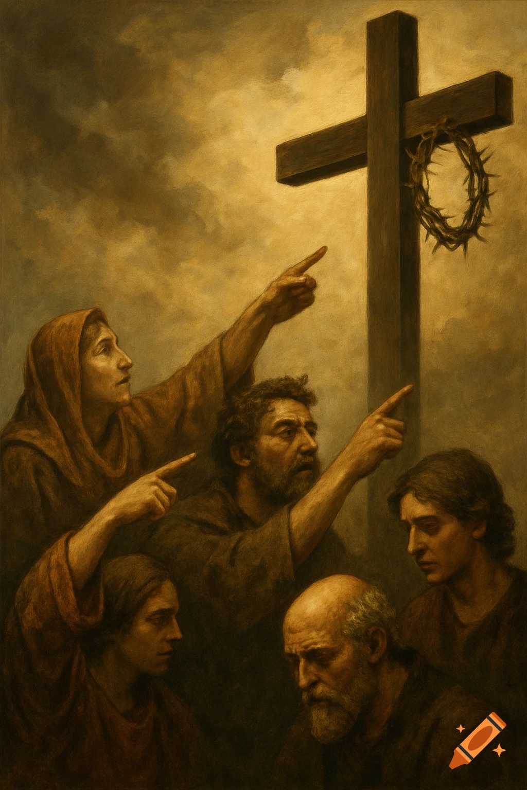 Several people point up towards a wooden cross with a crown of thorns hanging from it, in a painterly style.