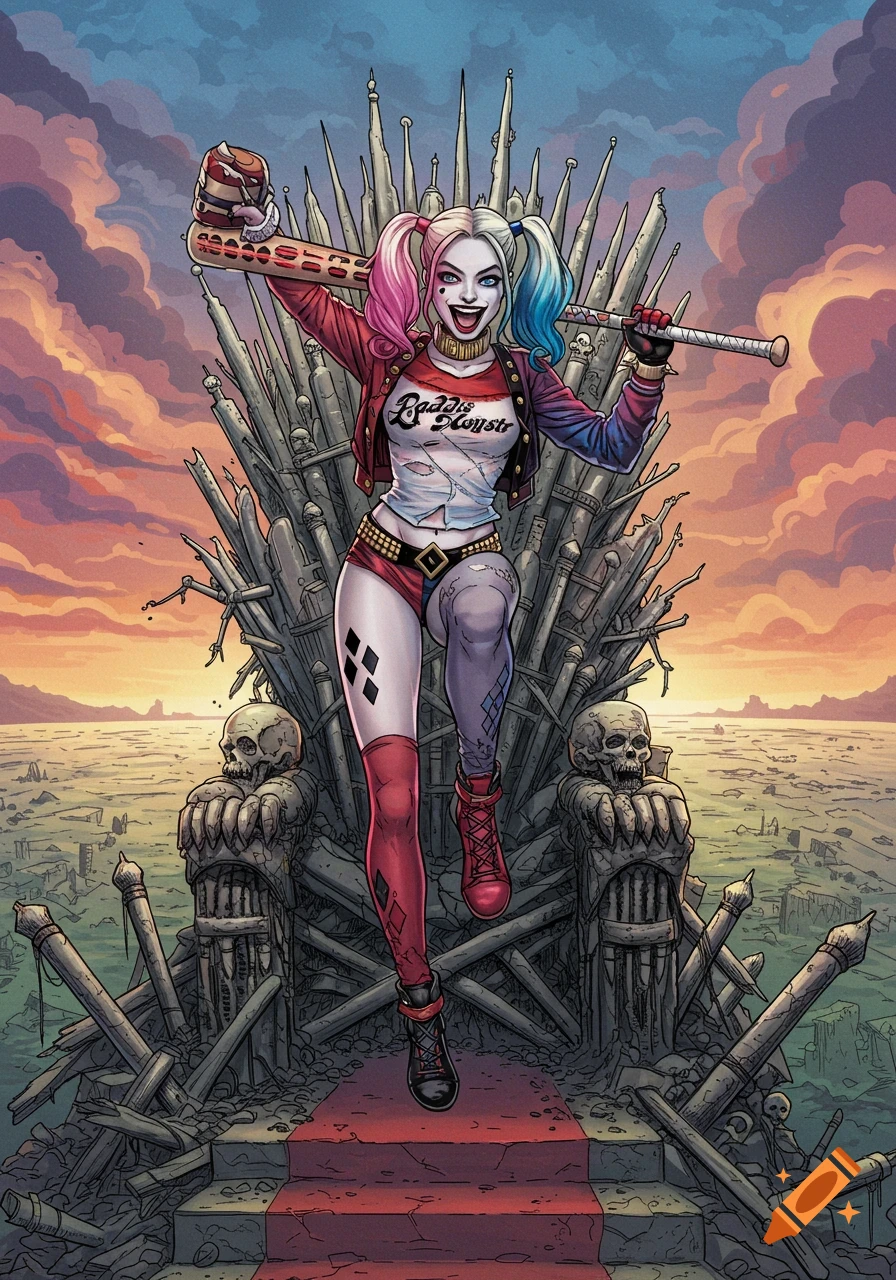 Harley Quinn stands triumphantly on the Iron Throne against a sunset sky, comic book style illustration.