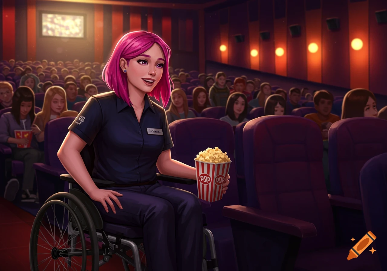 An illustration of a woman in a wheelchair holding popcorn in a movie theater