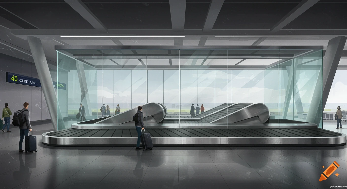 Modern airport baggage claim area with people, carousels, and large glass windows.