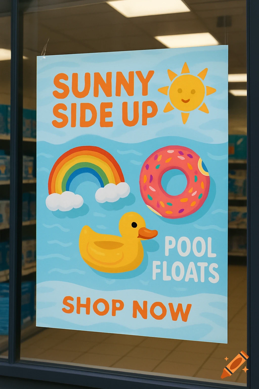 Poster for Sunny Side Up pool floats in a store window.