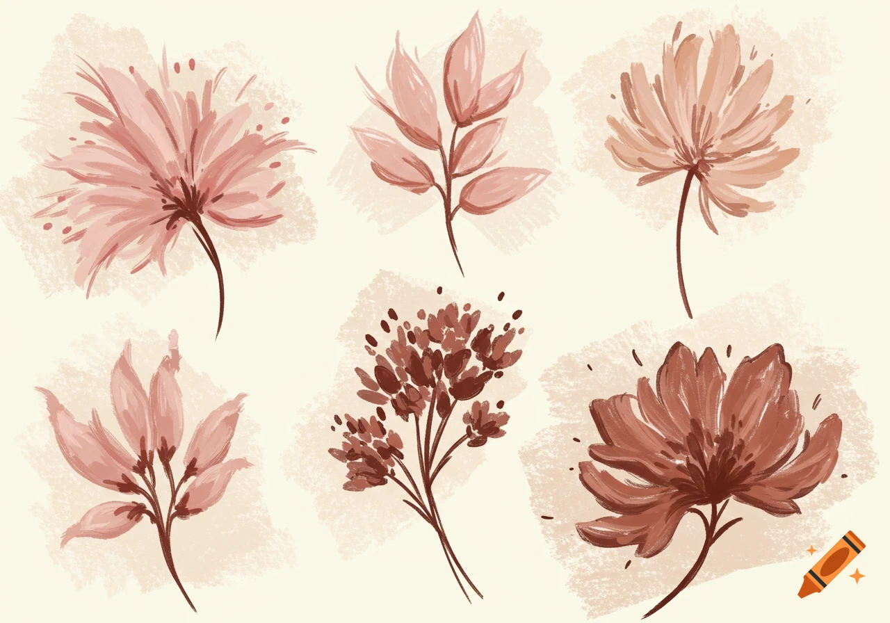 Multiple stylized flowers and leaves in soft pink and brown, watercolor or sketch style.