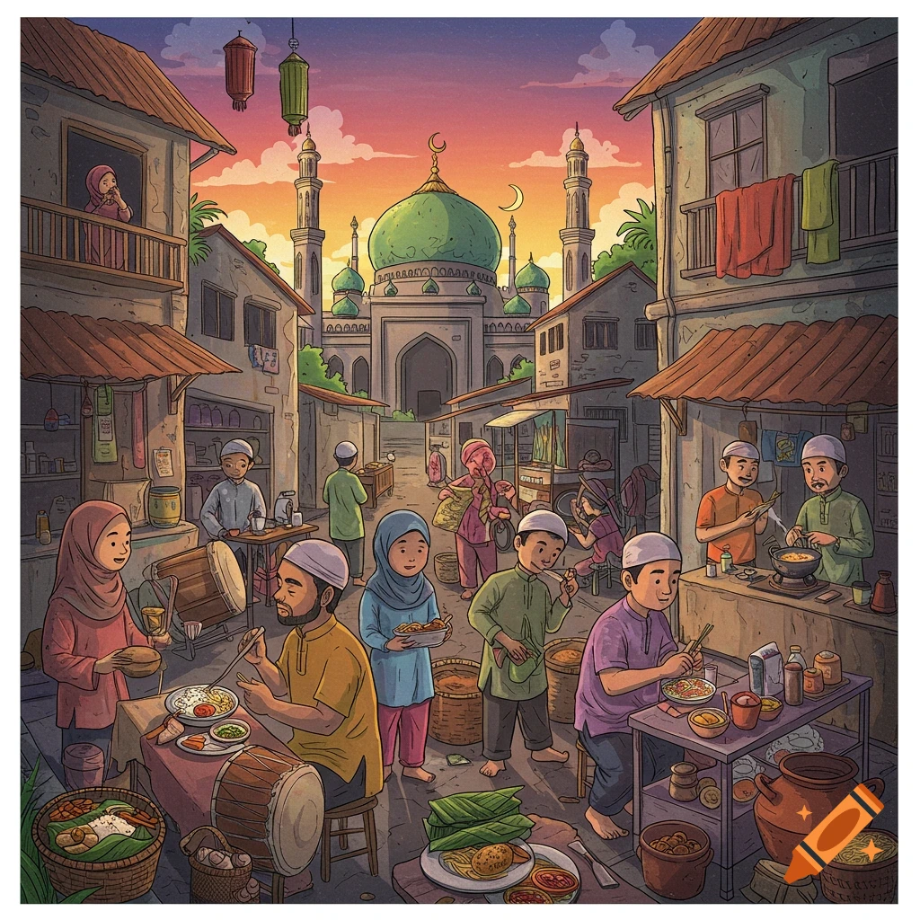 Illustration of a busy street scene during Ramadan, people eating and preparing food with a mosque in the background.