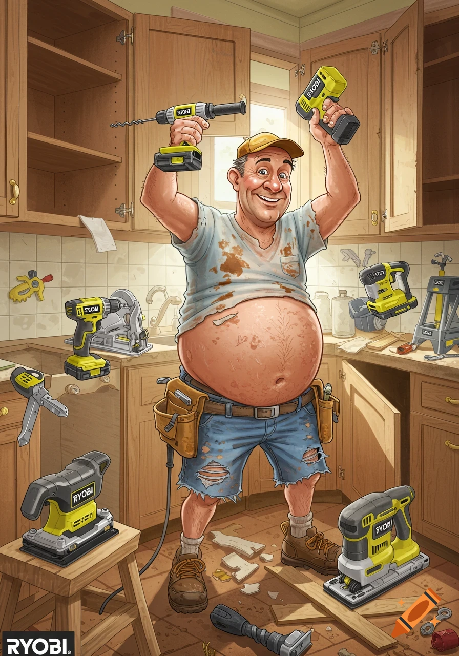 Cartoon of a cheerful man with a beer belly using Ryobi tools to install kitchen cabinets.