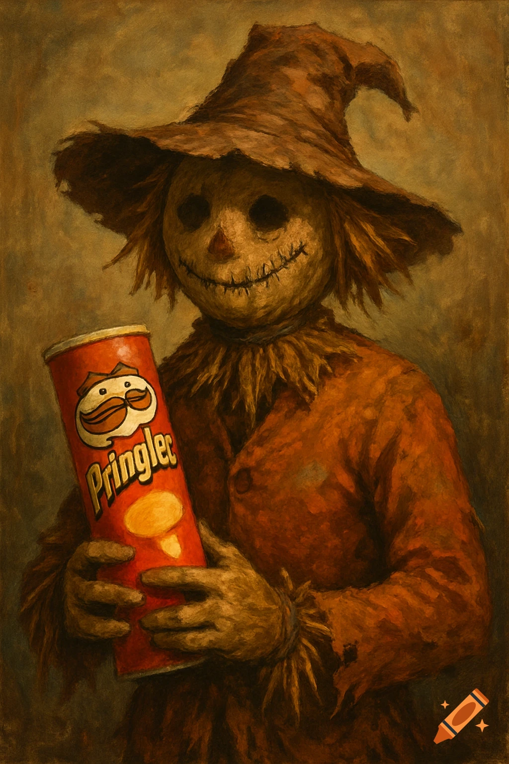 Painterly style scarecrow holding a Pringles can