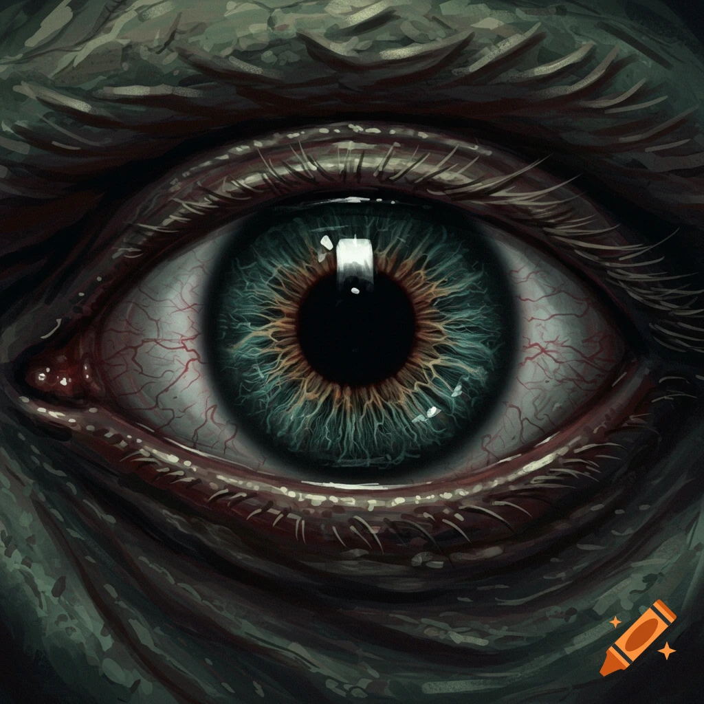 Extreme close-up of a large, veined eye with a detailed green and brown iris and dark skin.