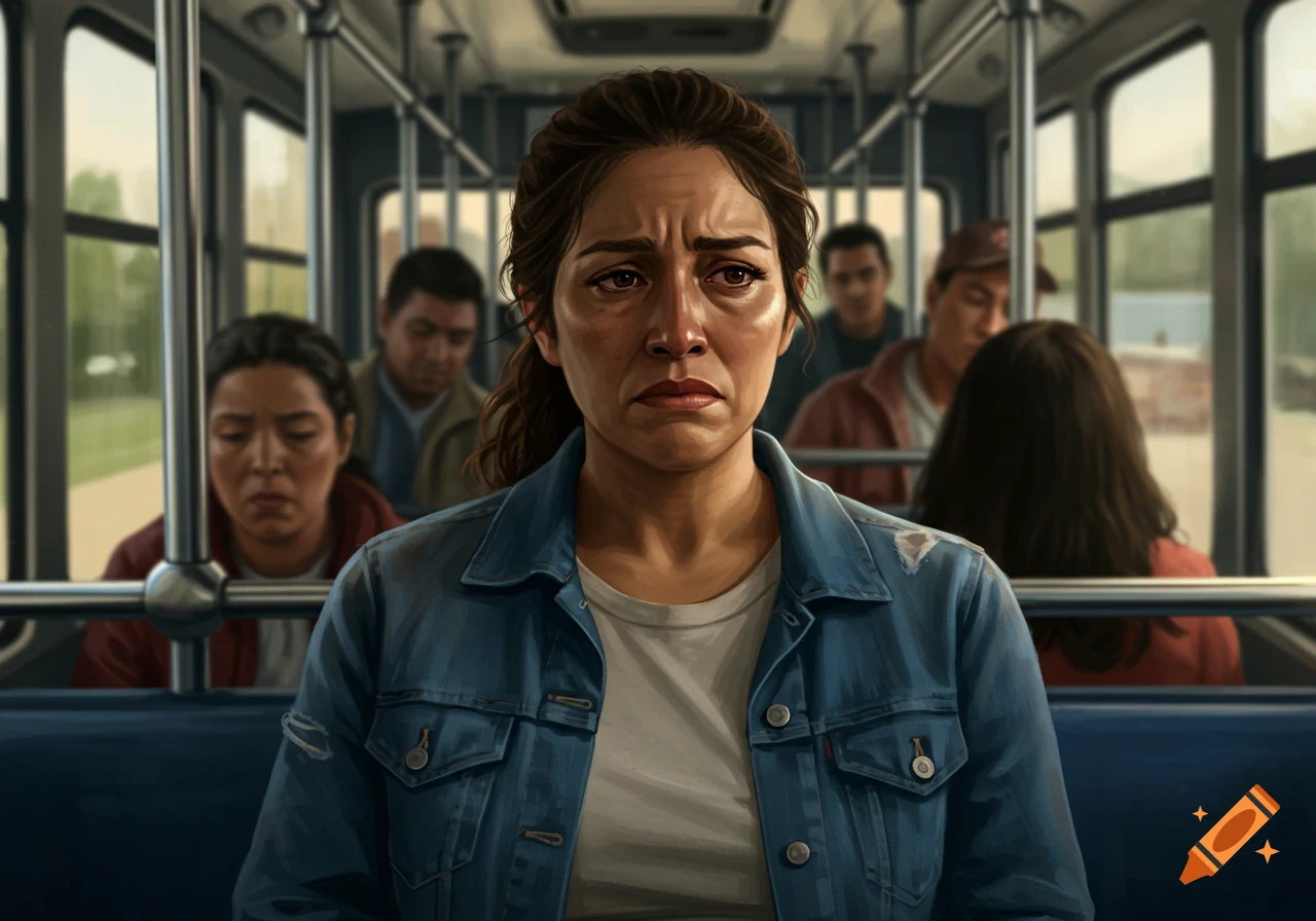 A sad and tired woman sits on a bus in a digital painting.