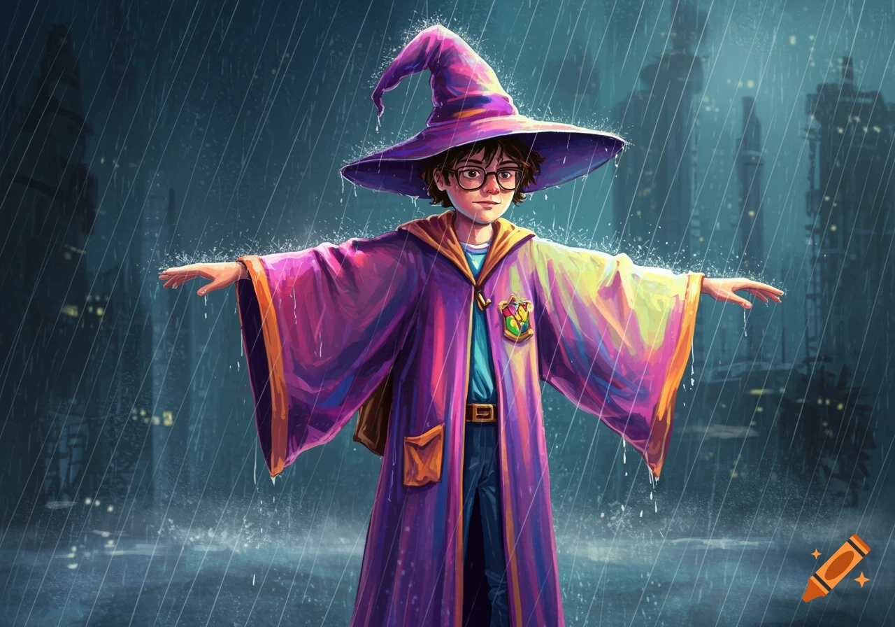 Young wizard T-posing in the rain in front of a blurry city skyline, digital illustration.