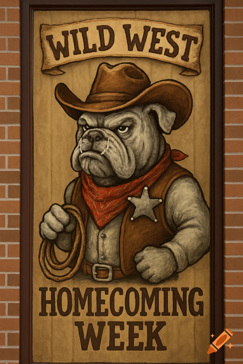 Illustration of a bulldog in a cowboy outfit on a poster for Wild West Homecoming Week.