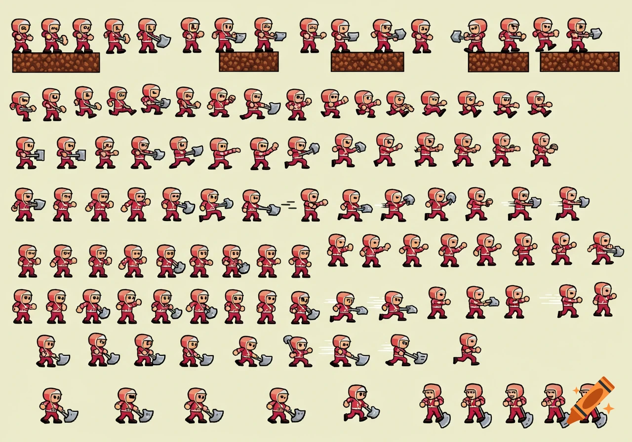 Pixel art sprite sheet showing a red character with a shovel in various poses.