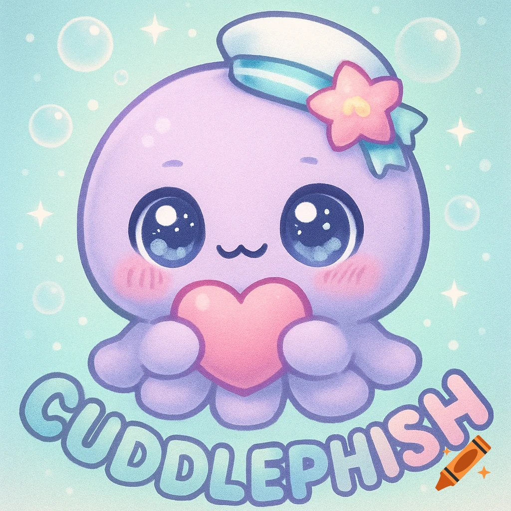 Cute chibi purple octopus/jellyfish creature holding a pink heart, wearing a sailor hat with a starfish. Bubbles and sparkles surround it. Text reads "CUDDLEPHISH".