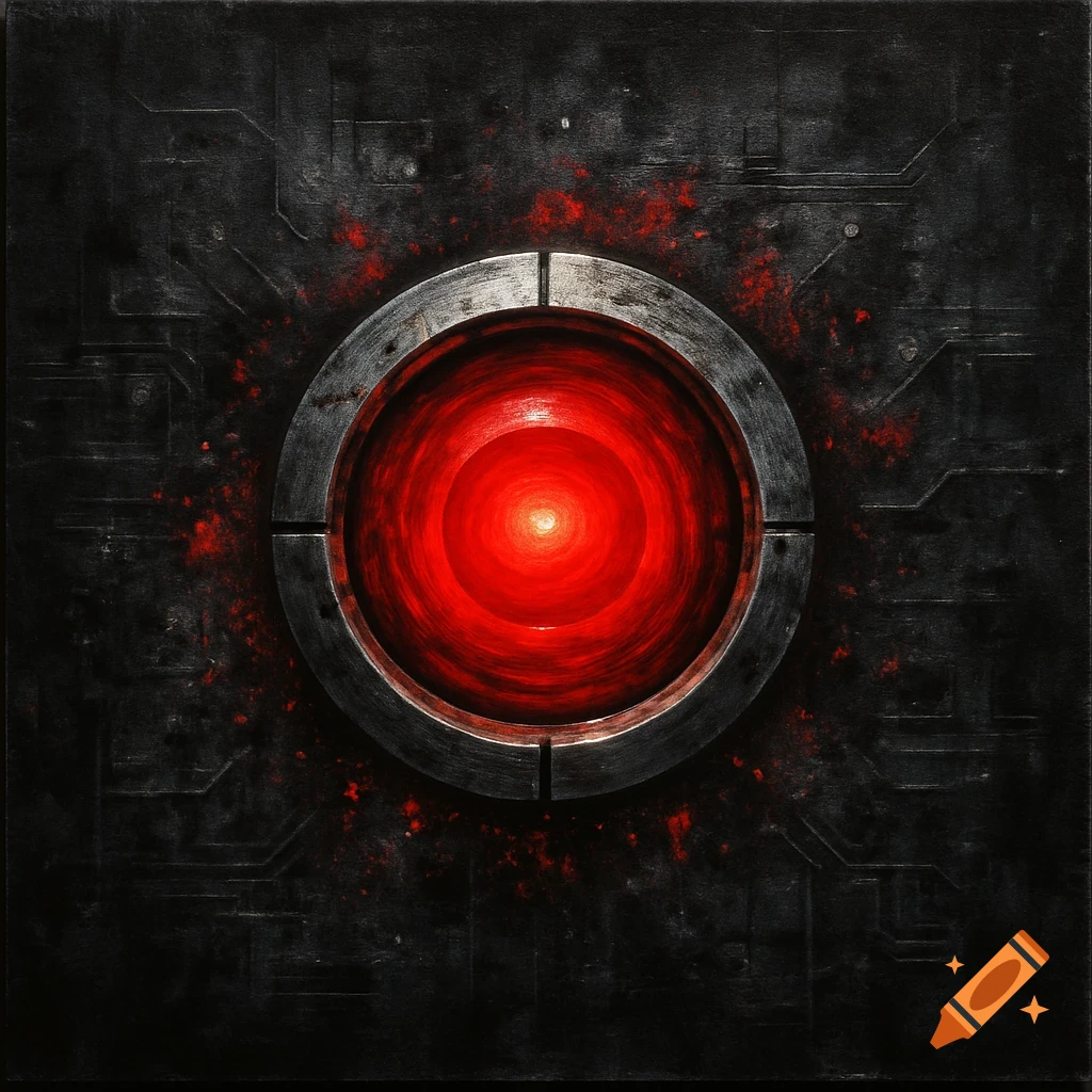 A red glowing eye in a circular metallic frame on a dark, gritty background with circuit textures.