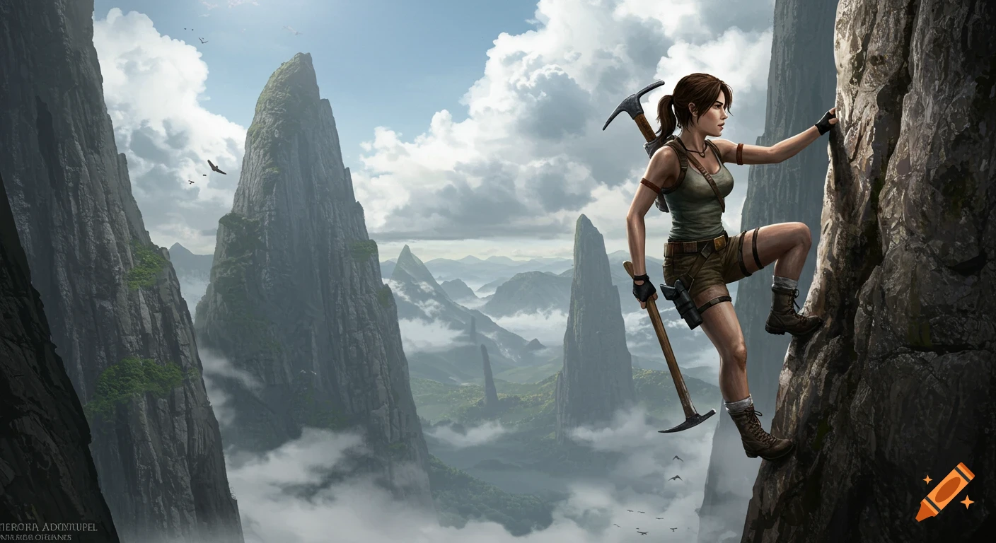 Lara Croft climbs a steep mountain cliff in a digital painting style, with jagged peaks and misty valleys below.