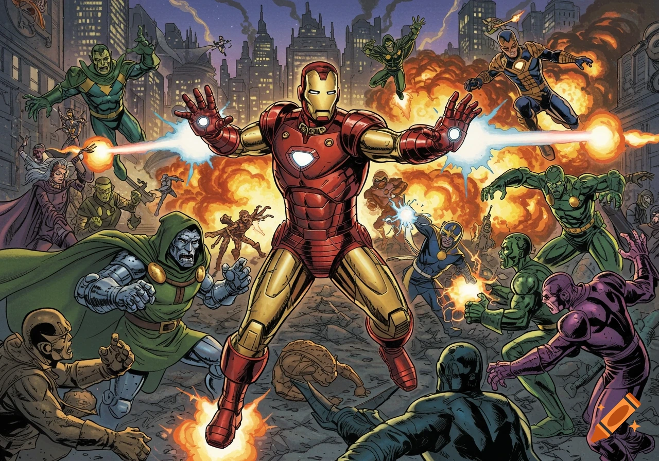 Iron Man battling Doctor Doom and other characters in a city. Comic book style.