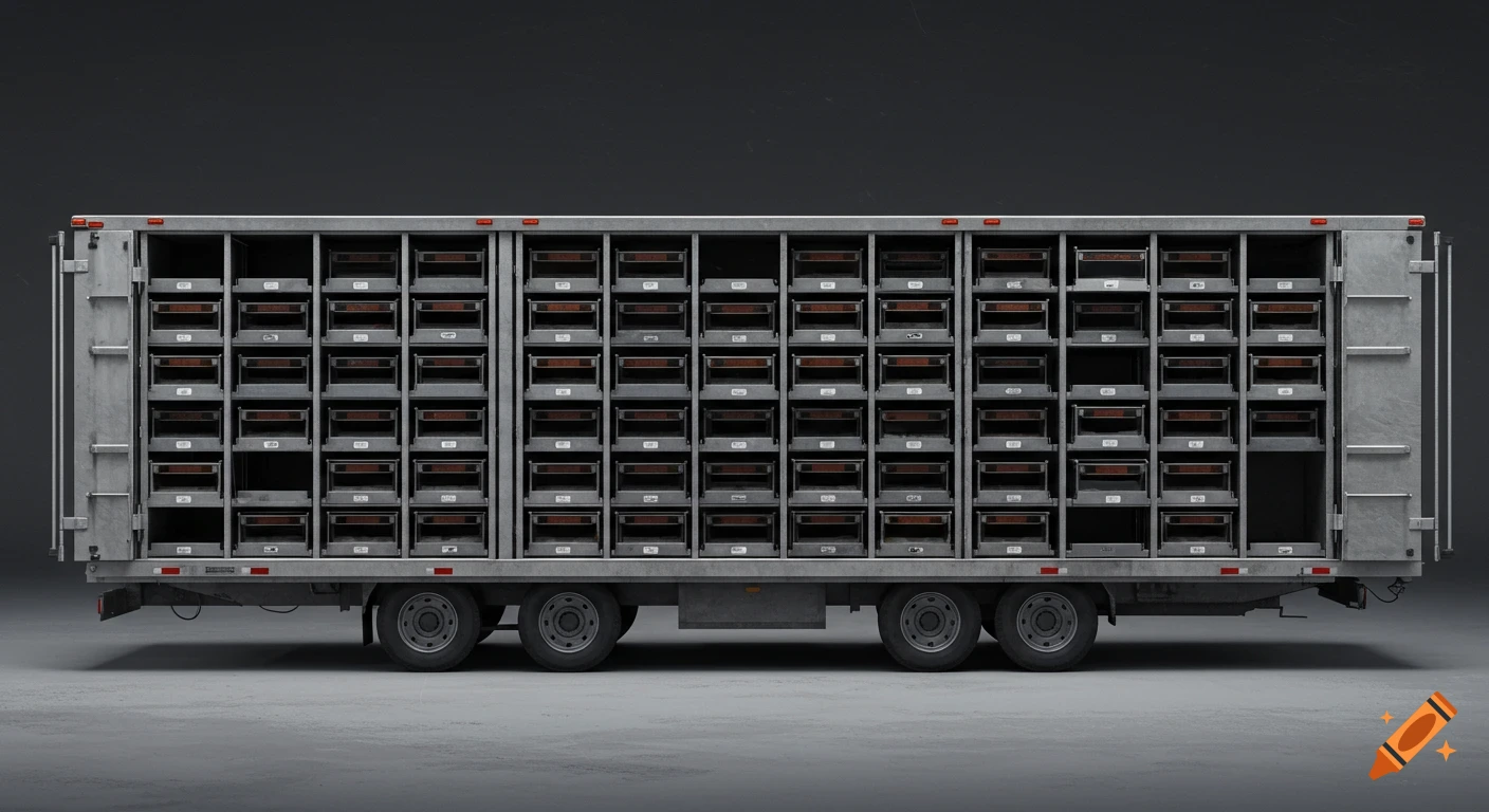 A gray metal trailer with many horizontal compartments arranged in rows and columns, on a dark background.