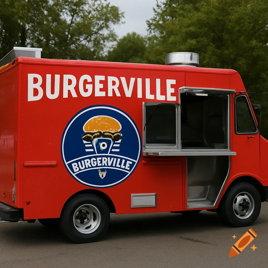 A red food truck with the \"BURGERVILLE\" logo and text, parked on pavement.