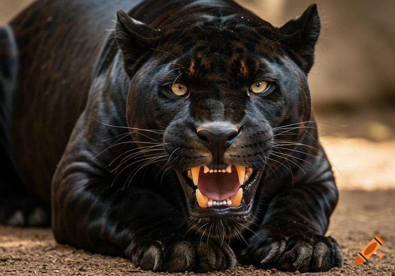 Photorealistic close-up of a snarling black panther.
