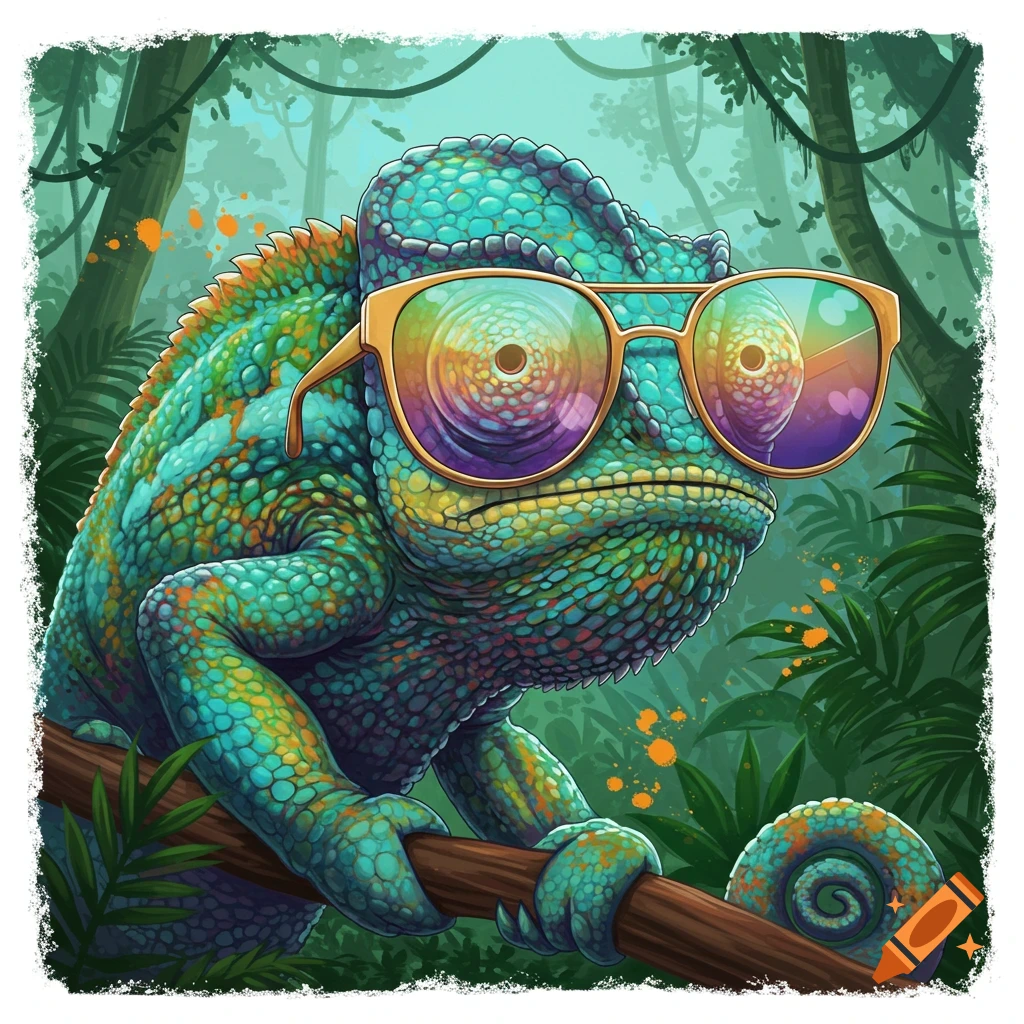 A colorful chameleon wearing sunglasses sits on a branch in a jungle.
