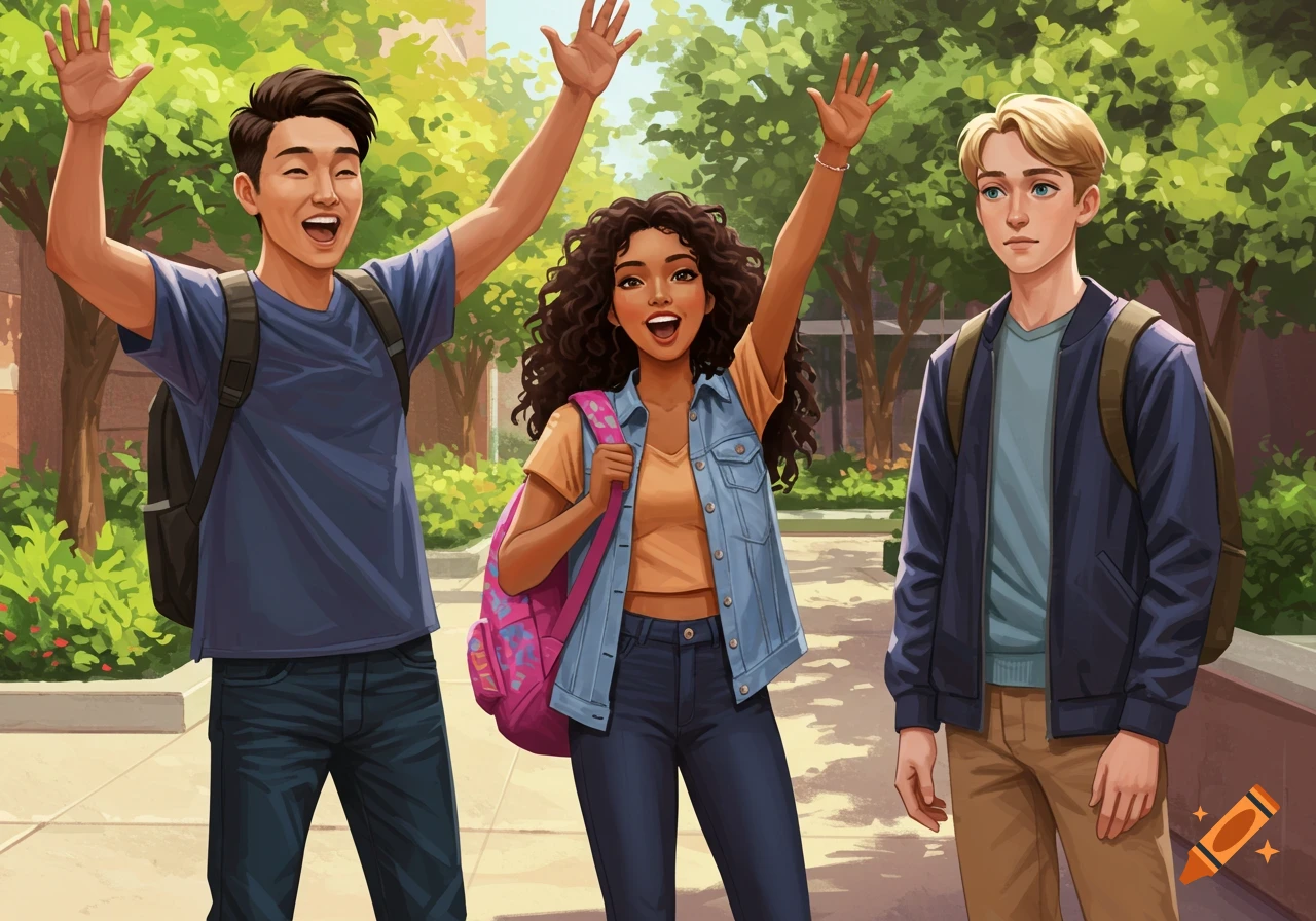 Three college students, two waving, standing outdoors in an illustration.