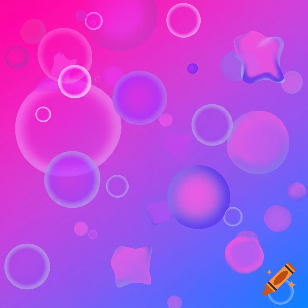 Abstract background with pink, purple, and blue gradient and floating bubbles and shapes.