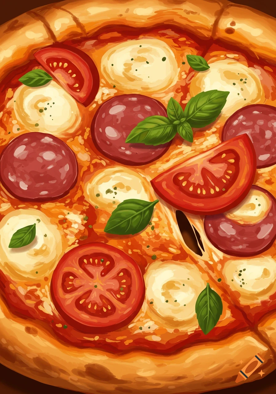 Close-up illustration of a pizza with pepperoni, mozzarella, tomato, and basil.