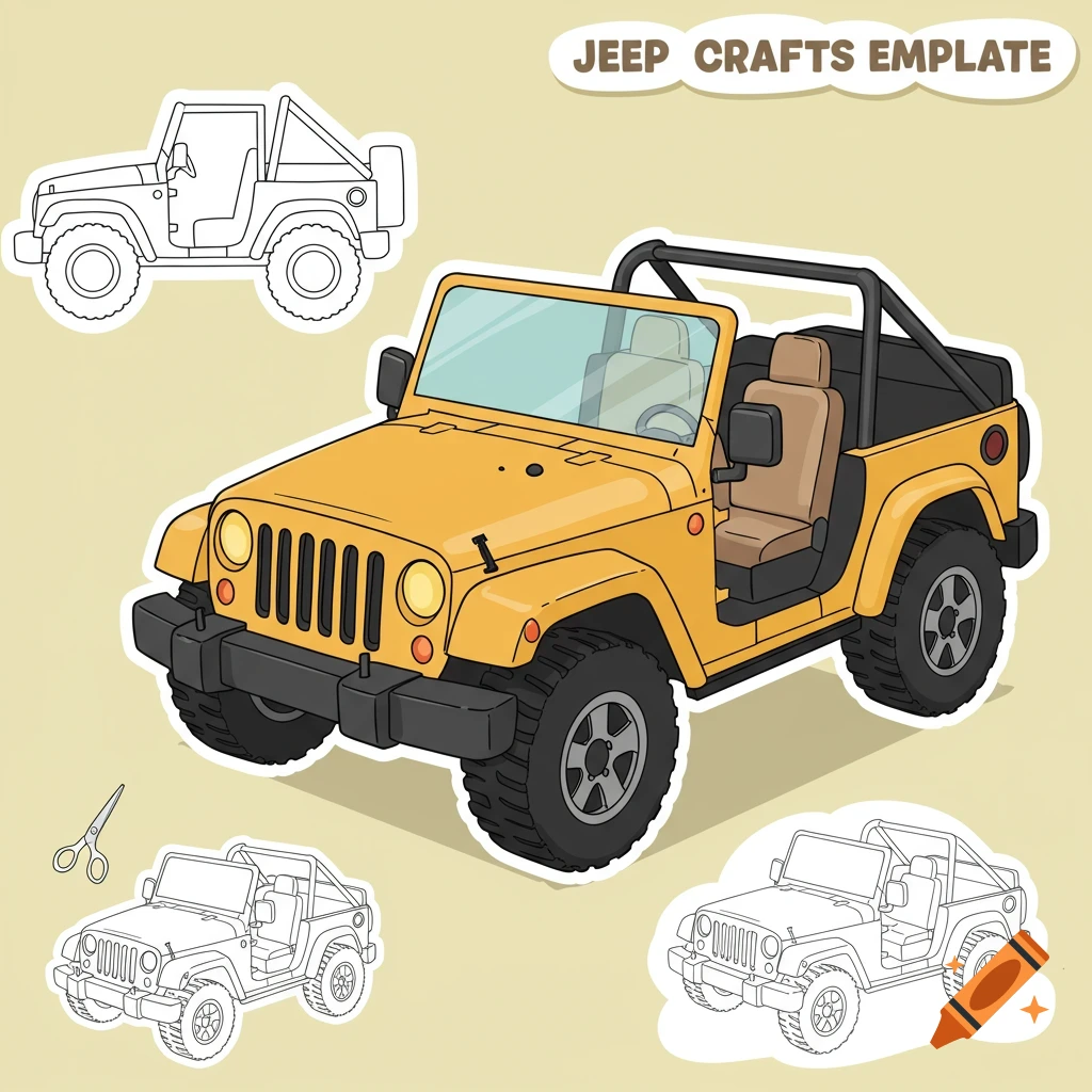 Yellow Jeep template with line art versions and scissors.