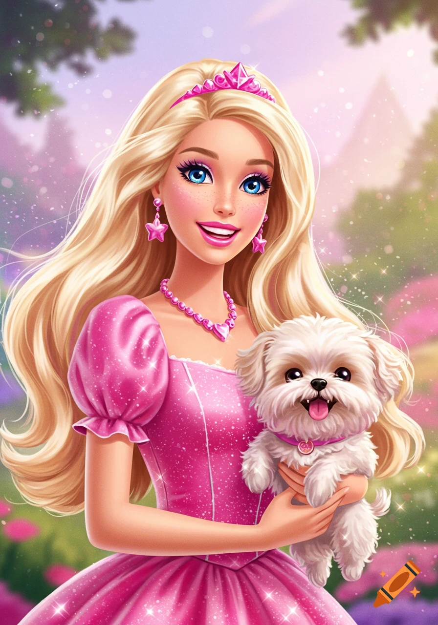 Illustration of a woman resembling Barbie in a pink princess dress holding a small white puppy in a park.