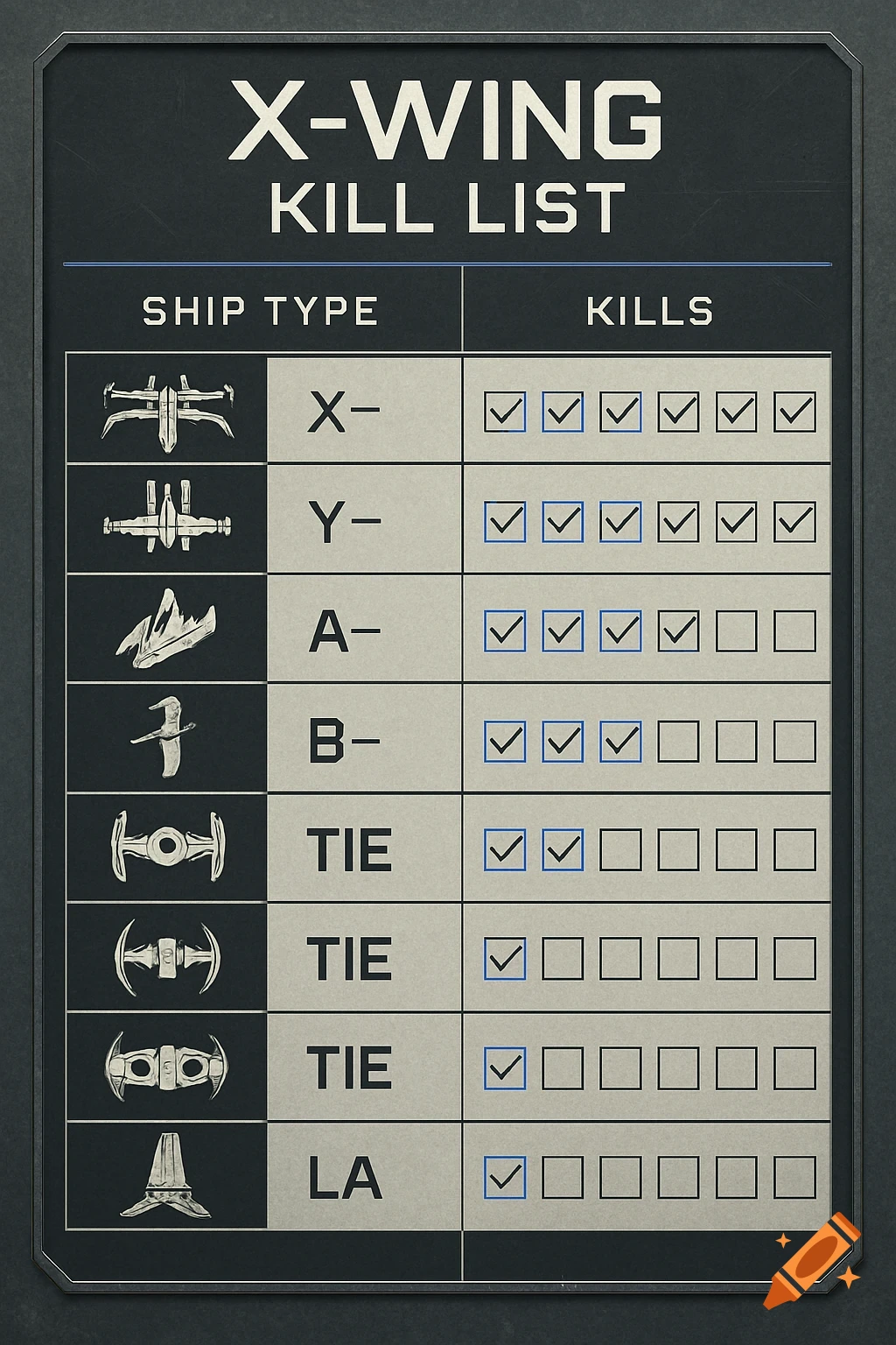 Sci-fi kill list tracker table showing spaceship types and checked boxes for kills.