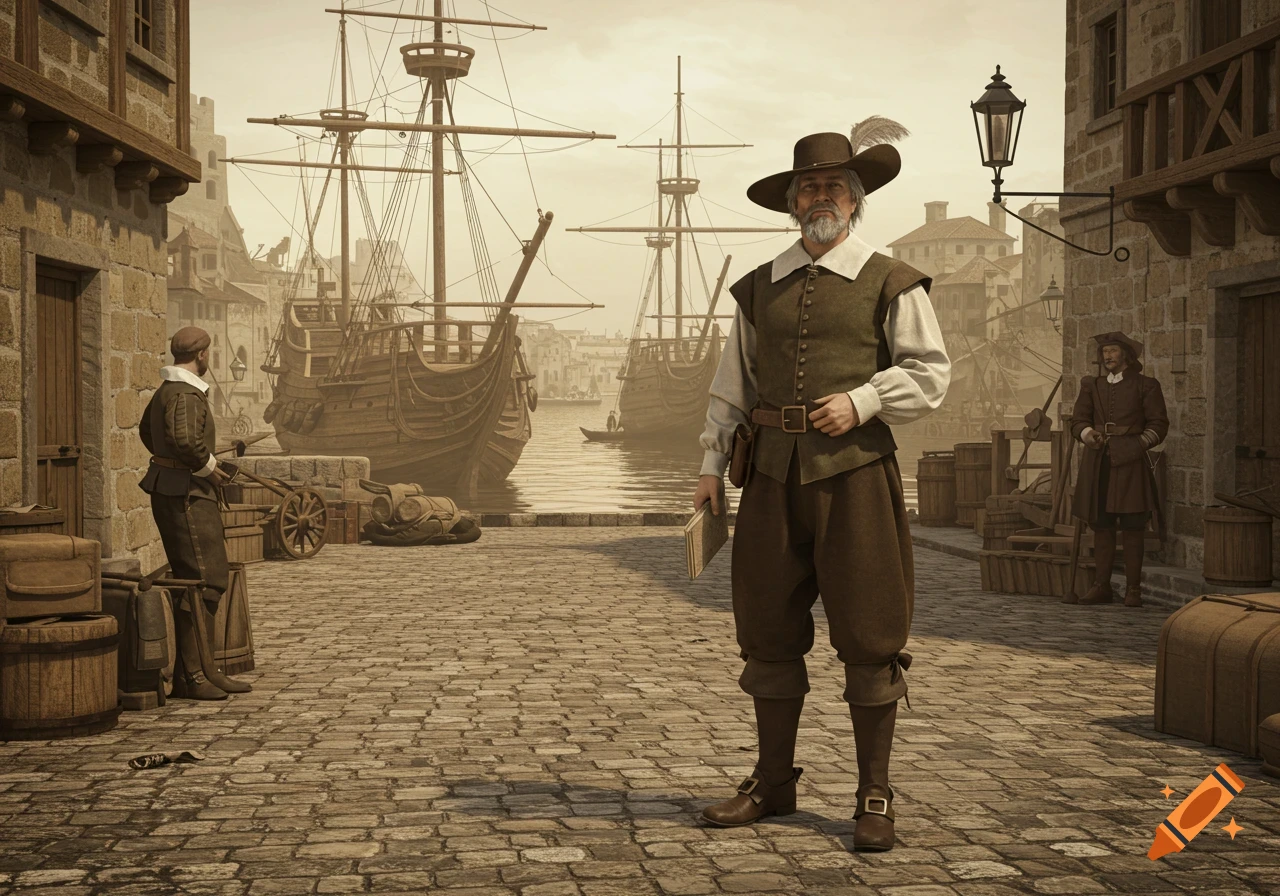 A man in 17th-century attire stands on a cobblestone dock with sailing ships in a port city background, in the style of an old photo.