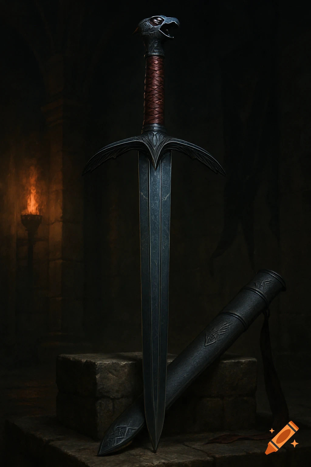 Dark fantasy realism image of a regal longsword with a falcon pommel and scabbard in a torchlit stone hall.