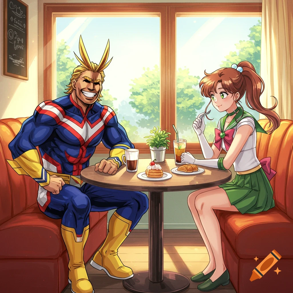 All Might and Sailor Jupiter sit at a cafe table with drinks in an anime style drawing.