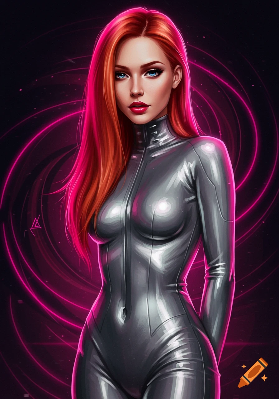 Digital art portrait of a woman with long red hair in a silver latex suit against a dark background with pink lines.