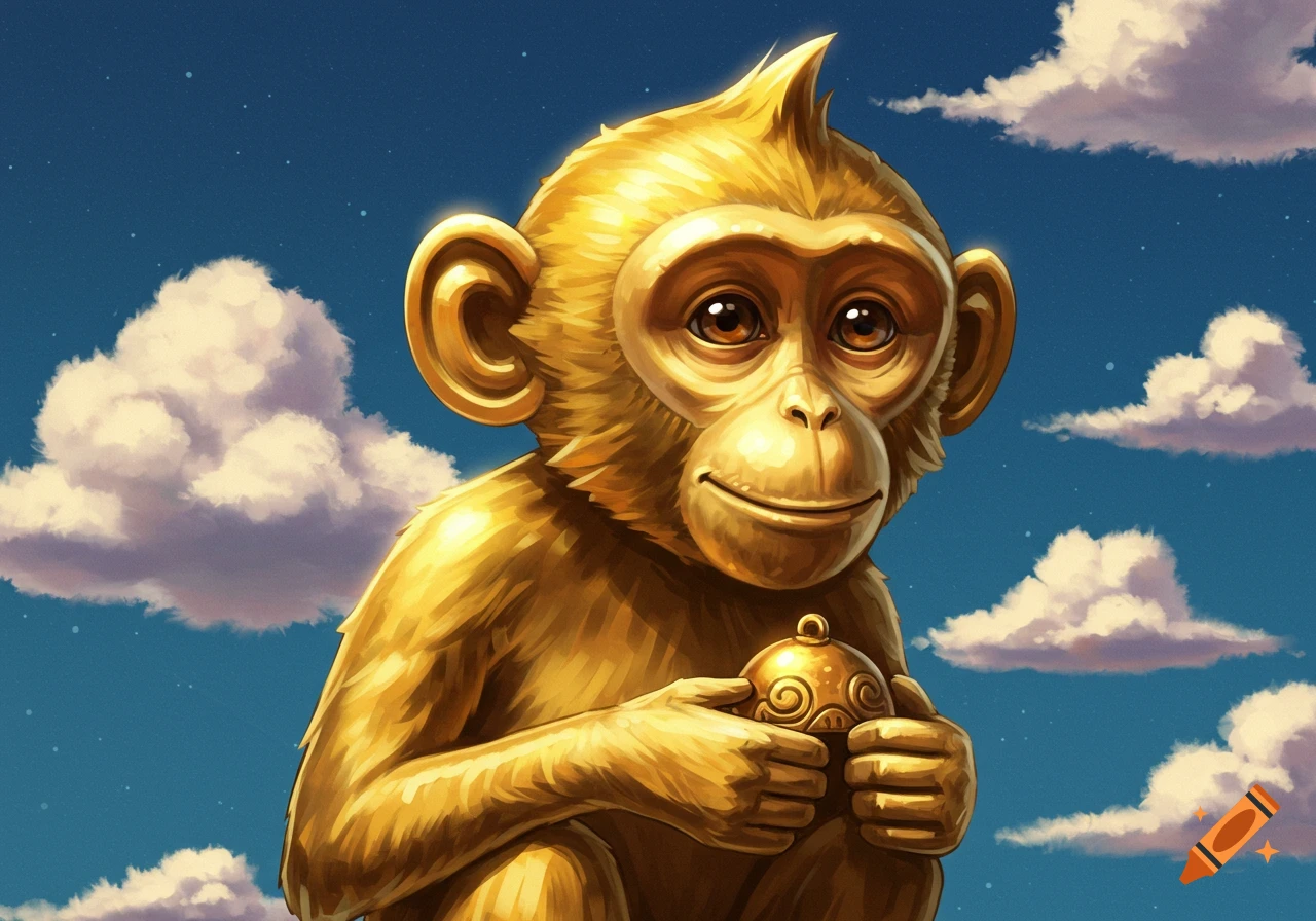 Stylized golden monkey holds a bell against a cloudy blue sky.