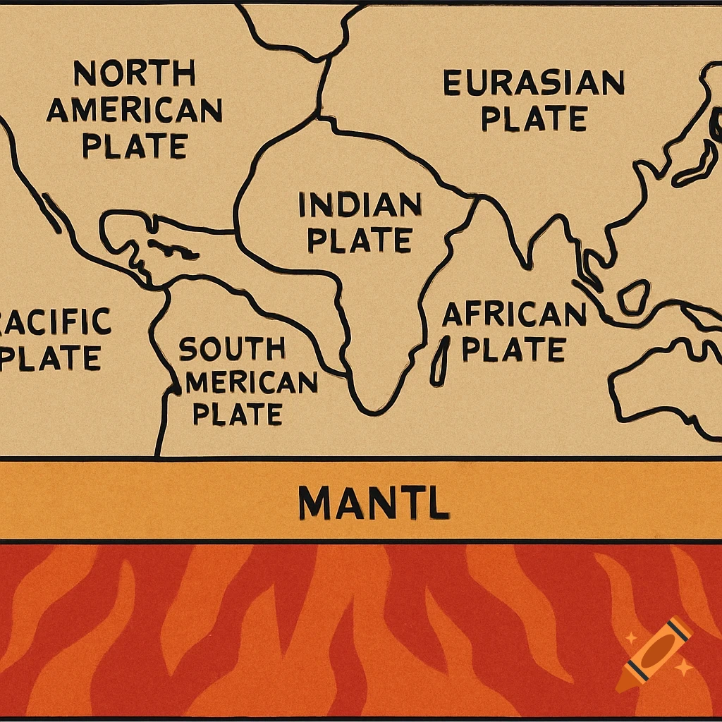 Diagram showing Earth's tectonic plates labeled and the mantle underneath.