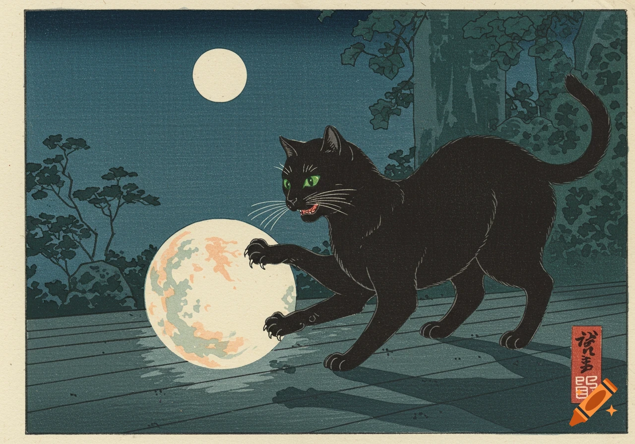 Black cat reaching for a large moon in a Japanese woodblock print.
