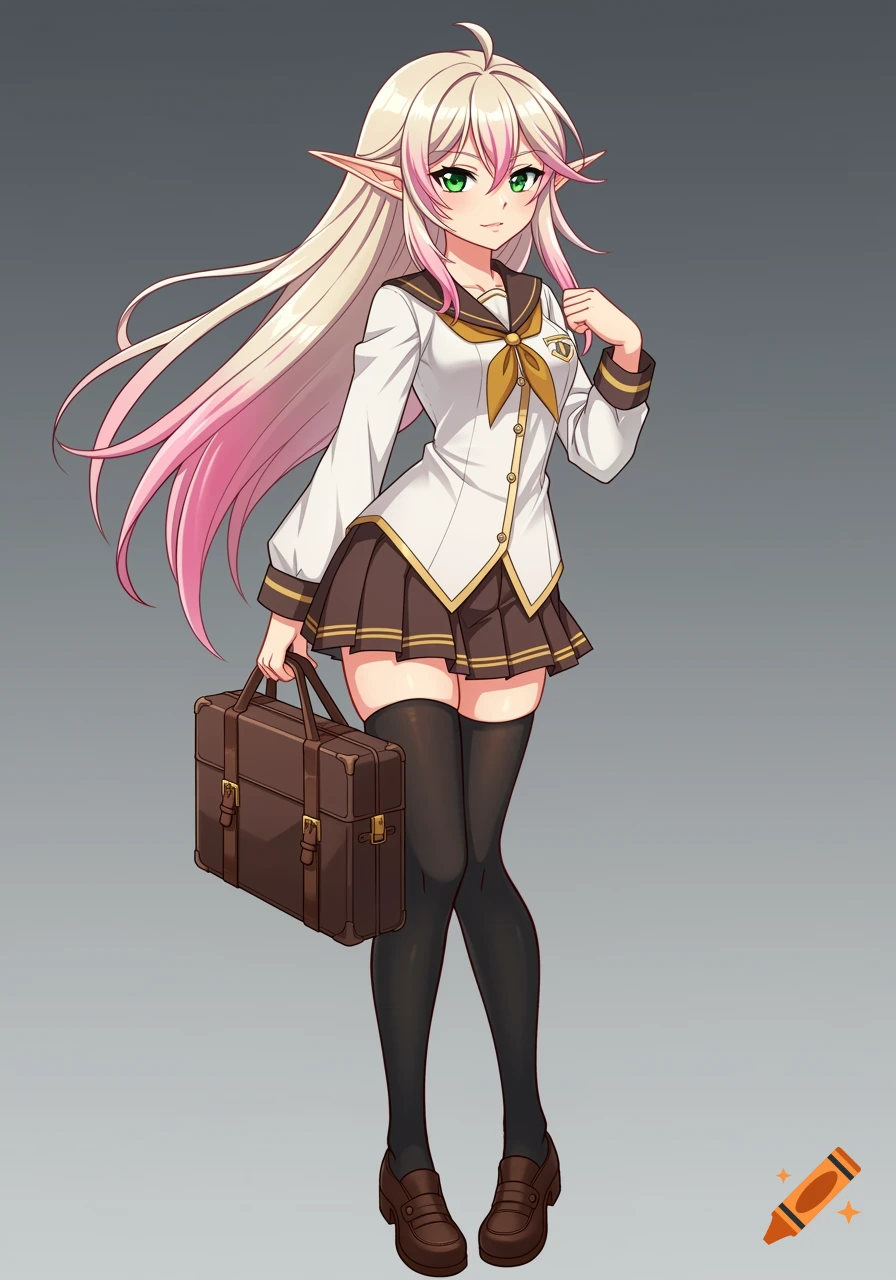 Anime illustration of a half-elf schoolgirl with long blonde and pink hair holding a briefcase.