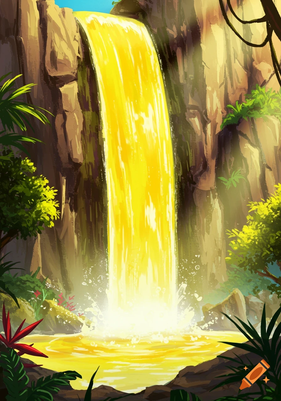 A bright, stylized illustration of a yellow waterfall cascading into a pool in a jungle.