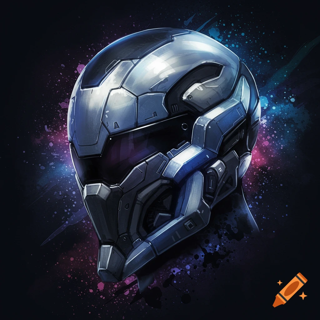 A detailed, metallic sci-fi helmet against a colorful, dark background.