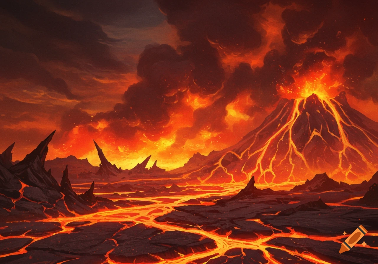 Digital painting of an erupting volcano in a landscape of flowing lava under a fiery red and orange sky.
