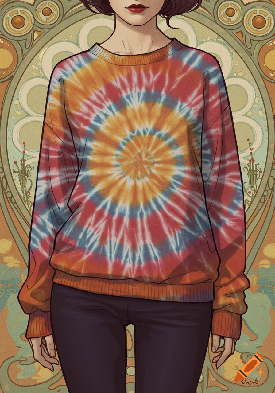 Person in tie-dye sweater against art nouveau background illustration