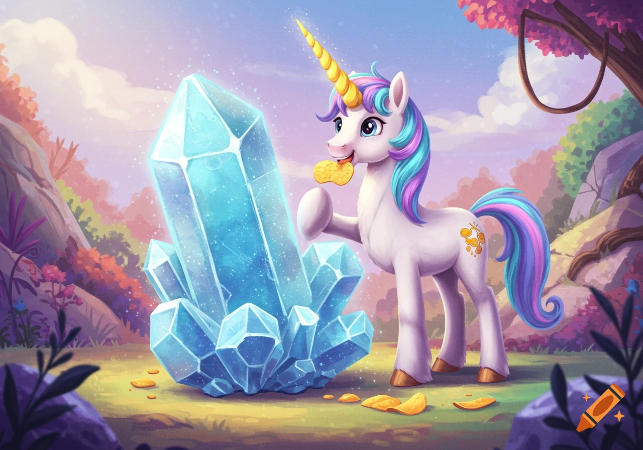 A cartoon unicorn with a rainbow mane eats a chip next to a large blue crystal in a fantasy forest.