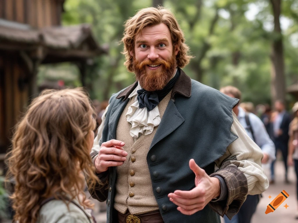Photorealistic portrait of a bearded man in historical attire interacting with a person at an outdoor theme park.