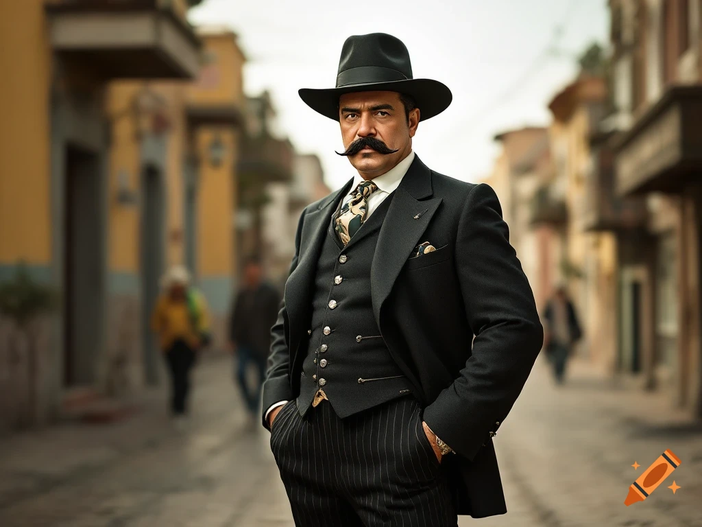A man resembling Pancho Villa in a black suit, vest, and hat with a large mustache stands on a street.