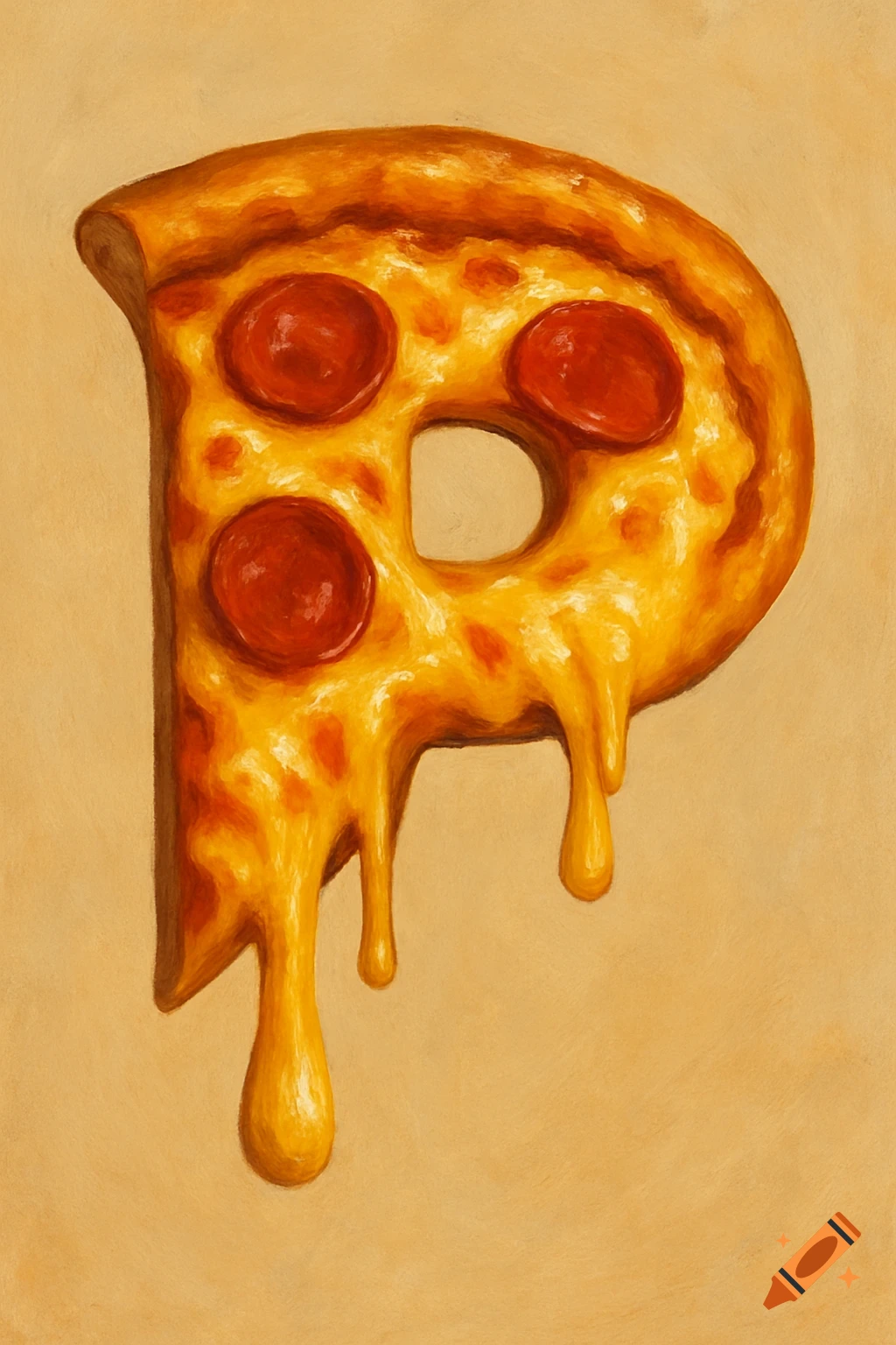 Painted pizza slice shaped like the letter P with dripping cheese