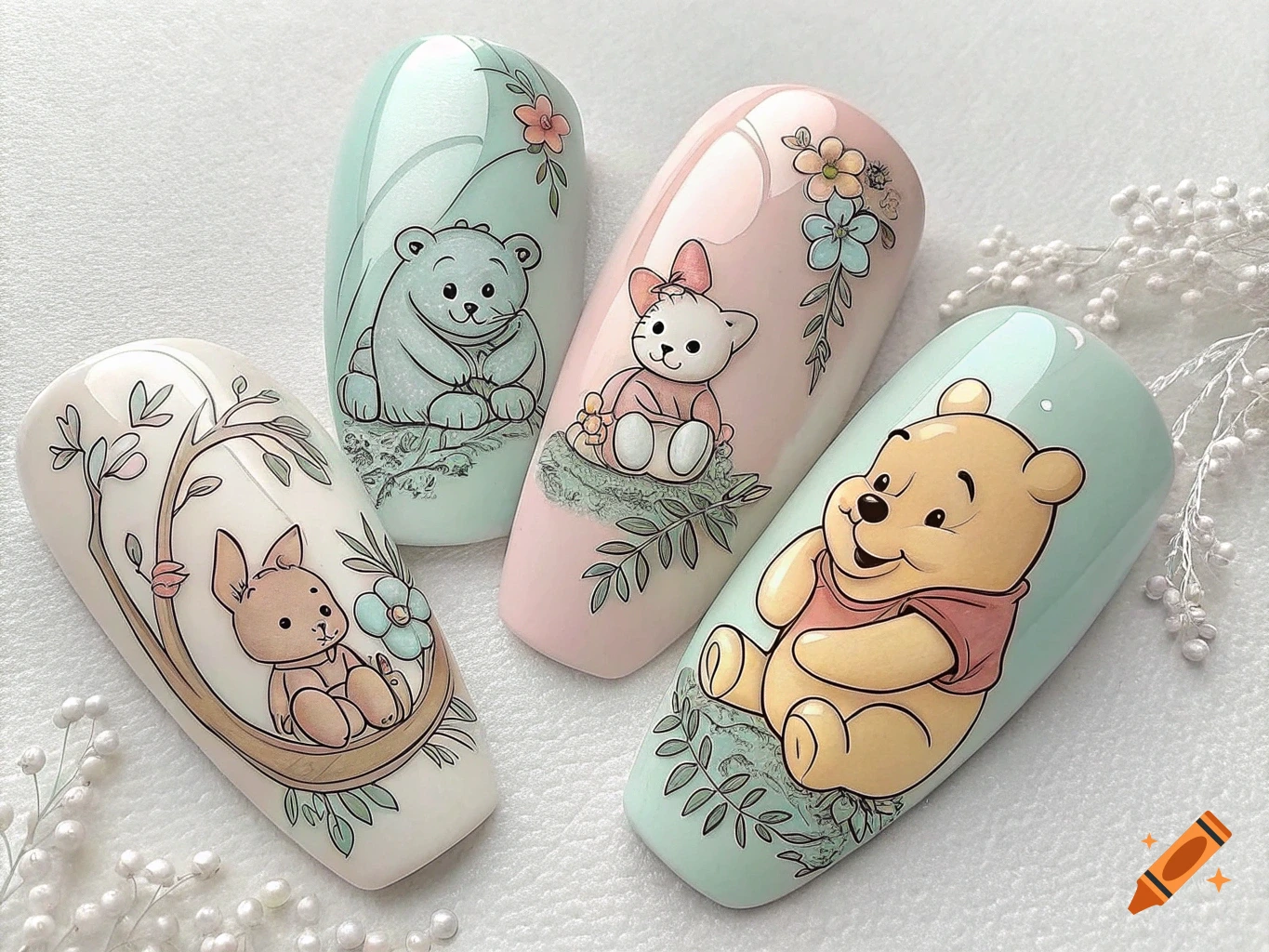 Four artificial nails painted with pastel cartoon characters including Winnie the Pooh, a rabbit, a blue bear, and a white kitten.