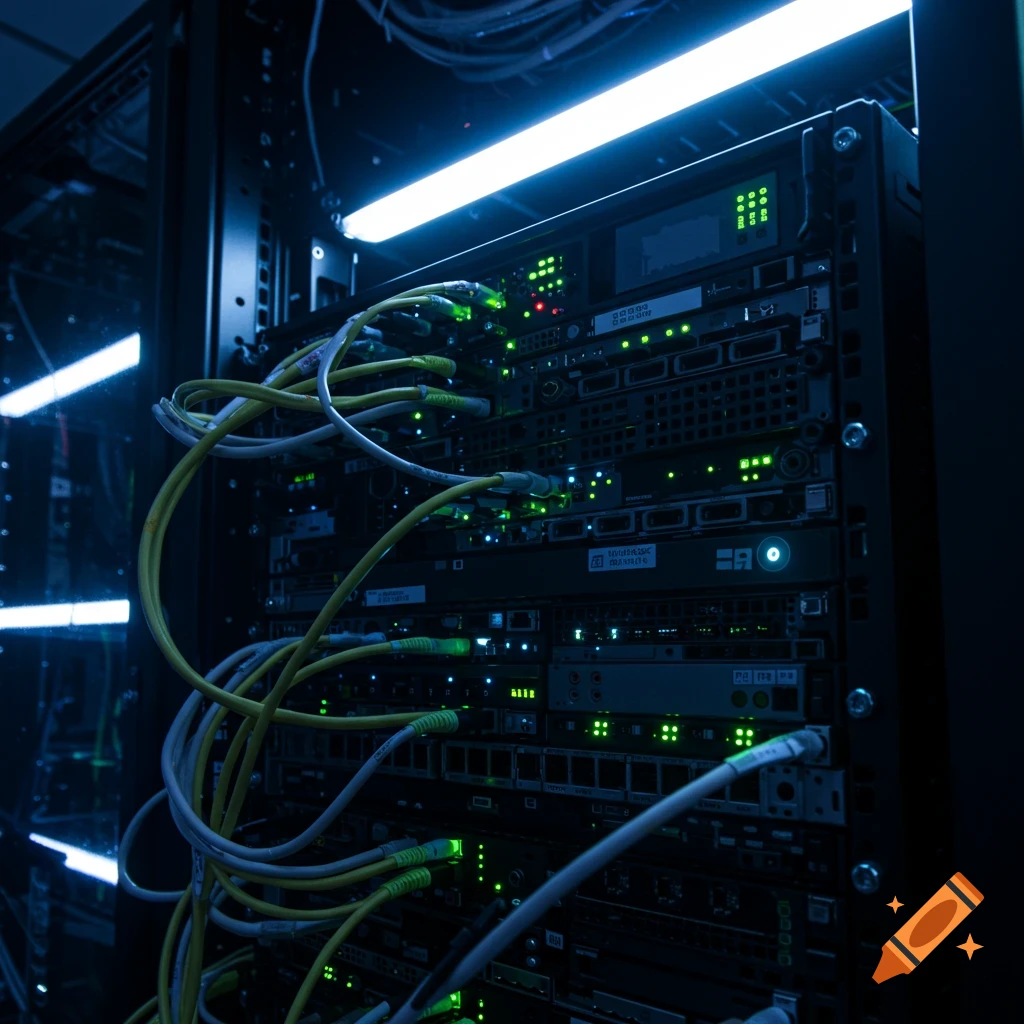 Close-up view of server racks with blinking lights and network cables in a dark data center.