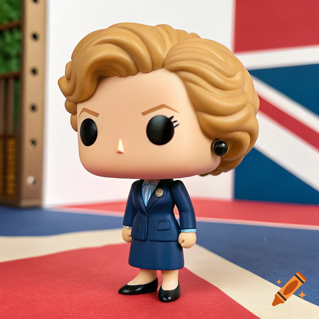 Funko Pop figure resembling Margaret Thatcher standing on a Union Jack flag background