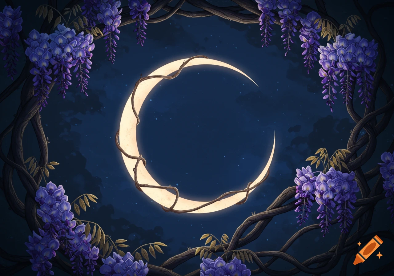 A large crescent moon is framed by dark, twisting vines and clusters of purple wisteria against a starry night sky.